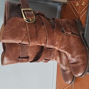 Frye Brown Leather Moto Tooled Strap Buckle Boots